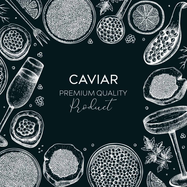 Caviar and champagne frame on chalkboard. Hand drawn red caviar canape, canned black caviar, sparkling wine glasses sketches. Seafood background for invitations or flyers